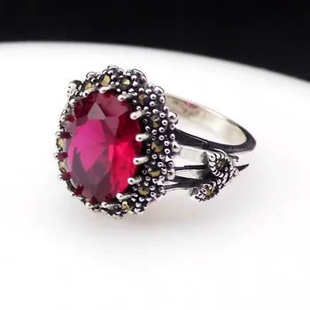 

FNJ Round Red Corundum Rings 925 Silver Original S925 Thai Silver Ring for Women Jewelry MARCASITE