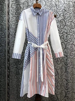 2020 Spring and Summer New Women's Lapel Irregular Stripe Spell Color Lace-up Waist Hugging Dress 408
2020 Spring and Summer New Women's Lapel Irregular Stripe Spell Color Lace-up Waist Hugging Dress 408