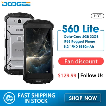 

DOOGEE S60 Lite IP68 Rugged Phone Wireless Charge 5580mAh 12V2A Quick Charge 5.2'' FHD MT6750T Octa Core 4GB 32GB Smartphone