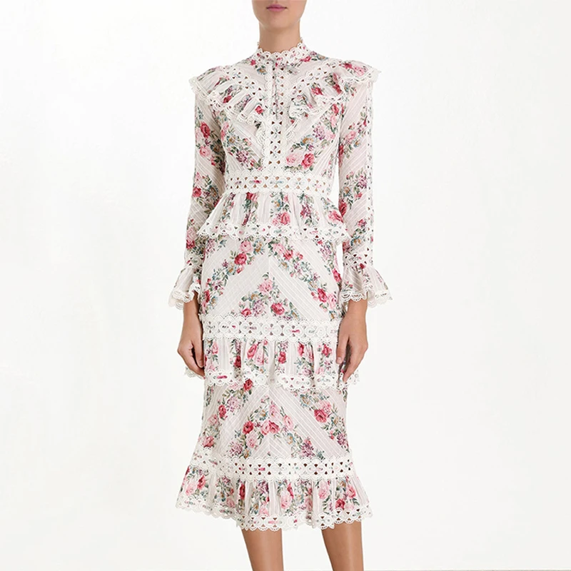 Vintage Print Women Dress Stand Collar Flare Sleeve High Waist Hollow Out Ruffles Midi Dresses Female Fashion 2019
Vintage Print Women Dress Stand Collar Flare Sleeve High Waist Hollow Out Ruffles Midi Dresses Female Fashion 2019