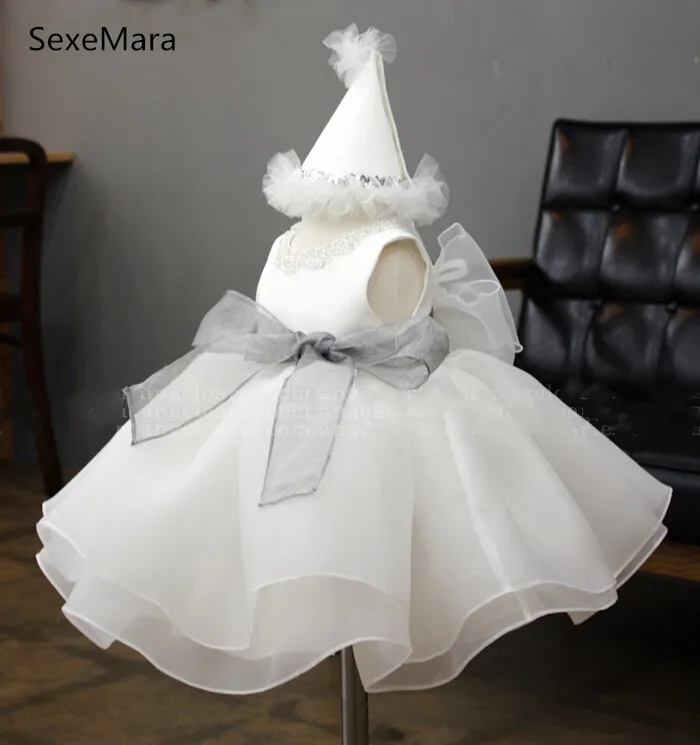 

Vintage ball gown tea-length 1 year girl baby birthday organza infant christening dresses baptism gown with silver gray sash