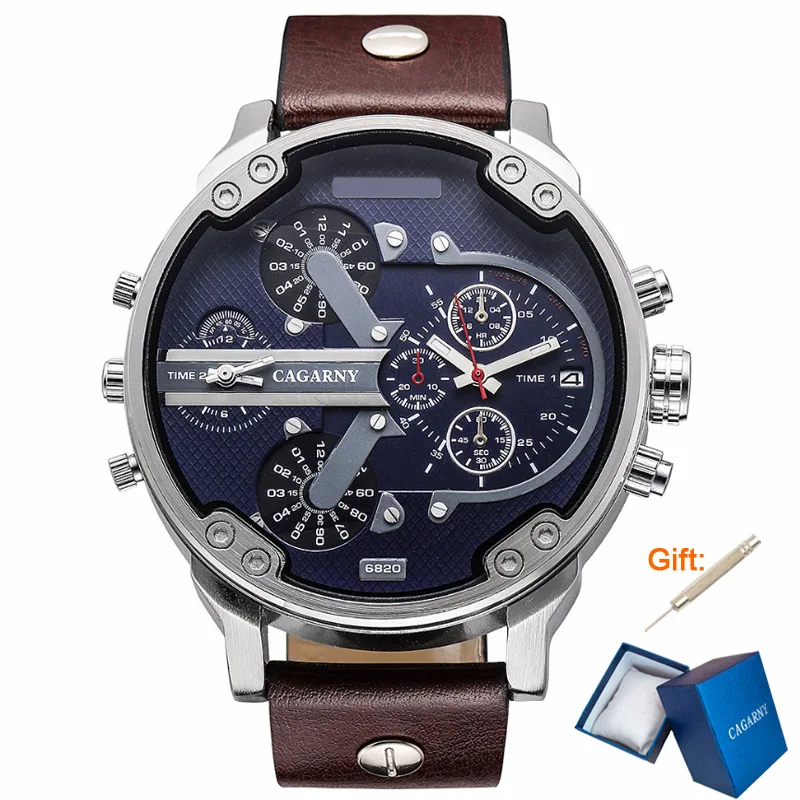 

CAGARNY 50mm Big Watch Men Top Brand Luxury Quartz Watch Men Leather Watches Dual Dial Analog Calendar Military Male Wristwatch