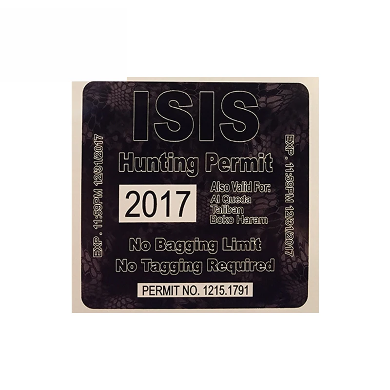 Creative Car Sticker Isis Terrorist United States American 2017 Hunting Permit Decal Waterproof Decal PVC,13cm*13cm
Creative Car Sticker Isis Terrorist United States American 2017 Hunting Permit Decal Waterproof Decal PVC,13cm*13cm