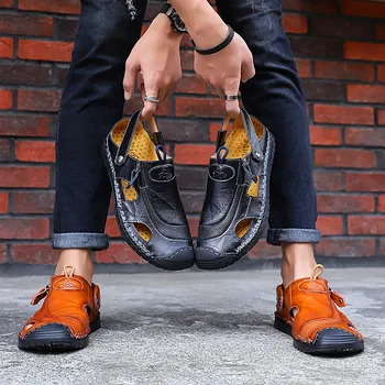 Summer Fashion Sandals Men Outdoor Leather Beach Breathable Mens Shoes Leather hand-stitched sandals Casual Shoes Big Size 38-48 
Summer Fashion Sandals Men Outdoor Leather Beach Breathable Mens Shoes Leather hand-stitched sandals Casual Shoes Big Size 38-48