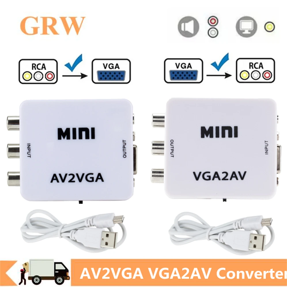 Преобразователь Grwibeou Mini VGA в AV преобразователь AV2VGA с 3 5 мм аудио RCA видео для ПК на