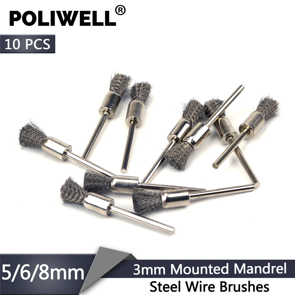 POLIWELL 10PCS 5/6/8mm Steel Wire Brushes 3mm Mounted Mandrel Mini Pen Brush Rust Removal Polishing for Dremel Rotary Tools 
POLIWELL 10PCS 5/6/8mm Steel Wire Brushes 3mm Mounted Mandrel Mini Pen Brush Rust Removal Polishing for Dremel Rotary Tools