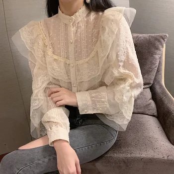 COIGARSAM Ruffles Shirt Womens tops New Spring Lace Full Sleeve Mesh Stand Neck Women shirts Apricot 9301
COIGARSAM Ruffles Shirt Womens tops New Spring Lace Full Sleeve Mesh Stand Neck Women shirts Apricot 9301