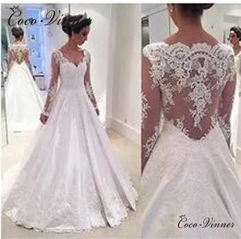 Vintage Long Sleeves Deep V-neck Embroidered Lace on Net A-line Wedding Gown Pure White Illusion Back Свадебные платья W0451
Vintage Long Sleeves Deep V-neck Embroidered Lace on Net A-line Wedding Gown Pure White Illusion Back Свадебные платья W0451