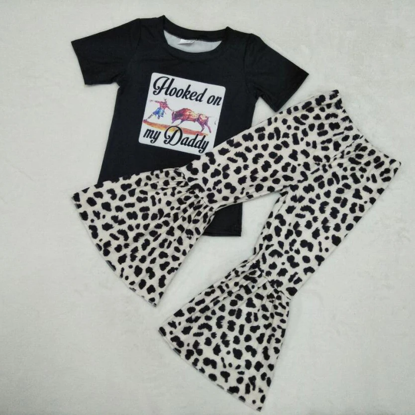 

Bebé niñas leopardo pantalones de campana inferior manga corta vaca salvaje del sur diseño otoño trajes de los niños estadounidenses boutique conjuntos de ropa