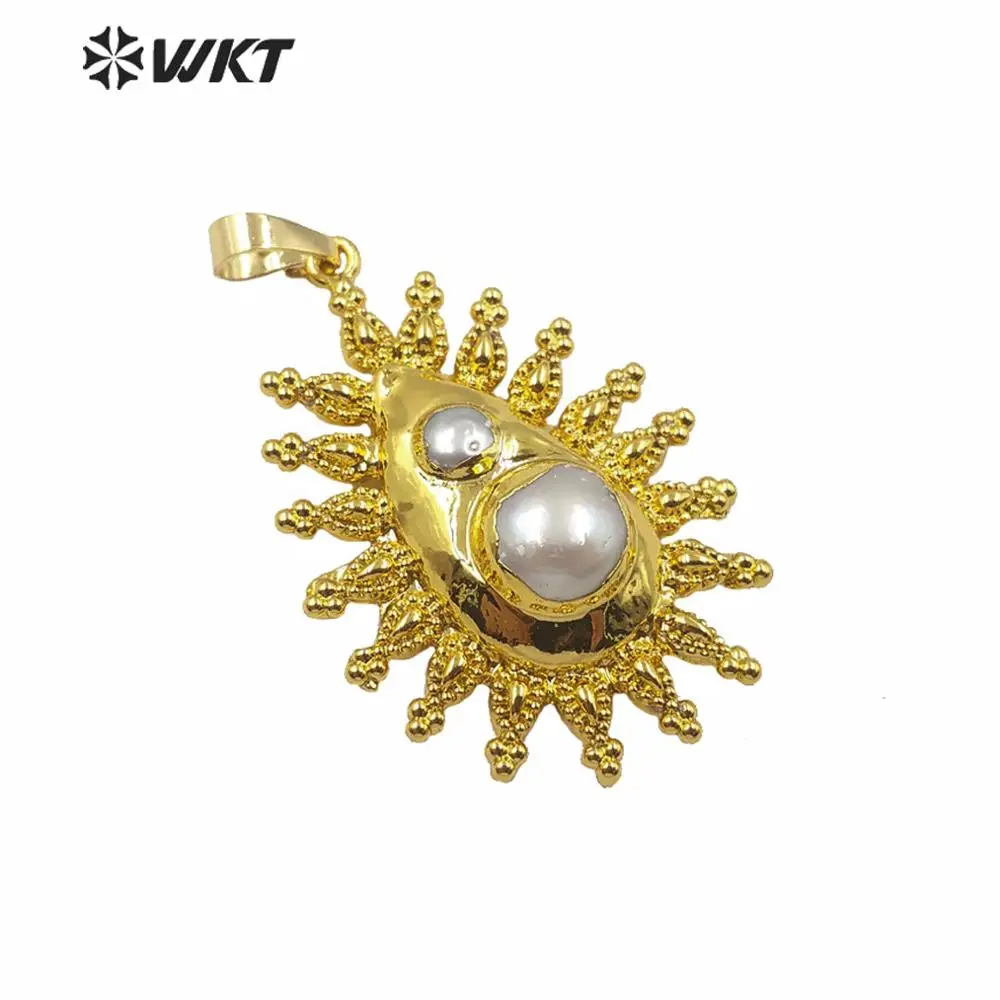 

WT-JP219 Precious Gold Electroplated Brass Bezel Natural Freshwater Pearl Necklace Pendant For Lady Vntage Boho 18K Charms