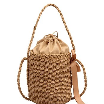 

ASDS-Casual Silk Scarf Small Bucket Straw Bag Fashion Trend Single Shoulder Slung Woven Bag Beach Bag Female Messenger Bag Khaki