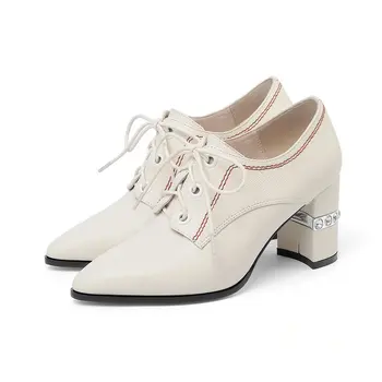 Women Pumps genuine Leather Shoes Vintage Chunky High Heels Party Wedding lace up Footwear Shoes Spring Autumn Basic Pumps 
Women Pumps genuine Leather Shoes Vintage Chunky High Heels Party Wedding lace up Footwear Shoes Spring Autumn Basic Pumps