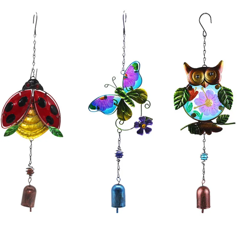 

1PC Wrought Iron Wind Chimes Pendant Ladybug Butterfly Owl Metal Glass Painted Garden Balcony House Creative Ornaments