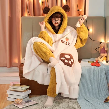 New winter cartoon velvet thickened Coral velvet pajama woman flannel hooded pajamas home suit length to keep warm extended
New winter cartoon velvet thickened Coral velvet pajama woman flannel hooded pajamas home suit length to keep warm extended