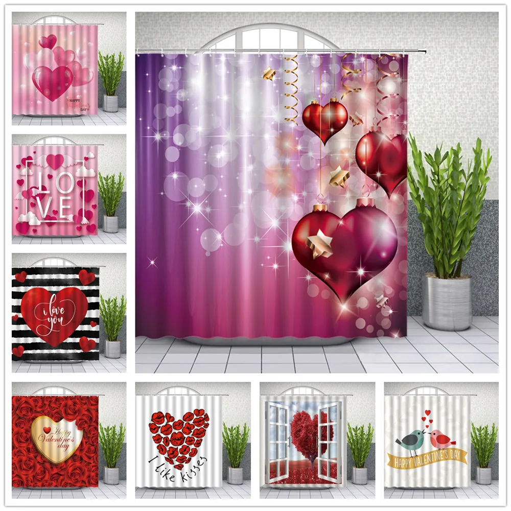 

Valentine's Day Shower Curtains Rose Flower Red Wine Heart-shaped Romantic Couple Bathroom Decor Bathtub Waterproof Curtain Set