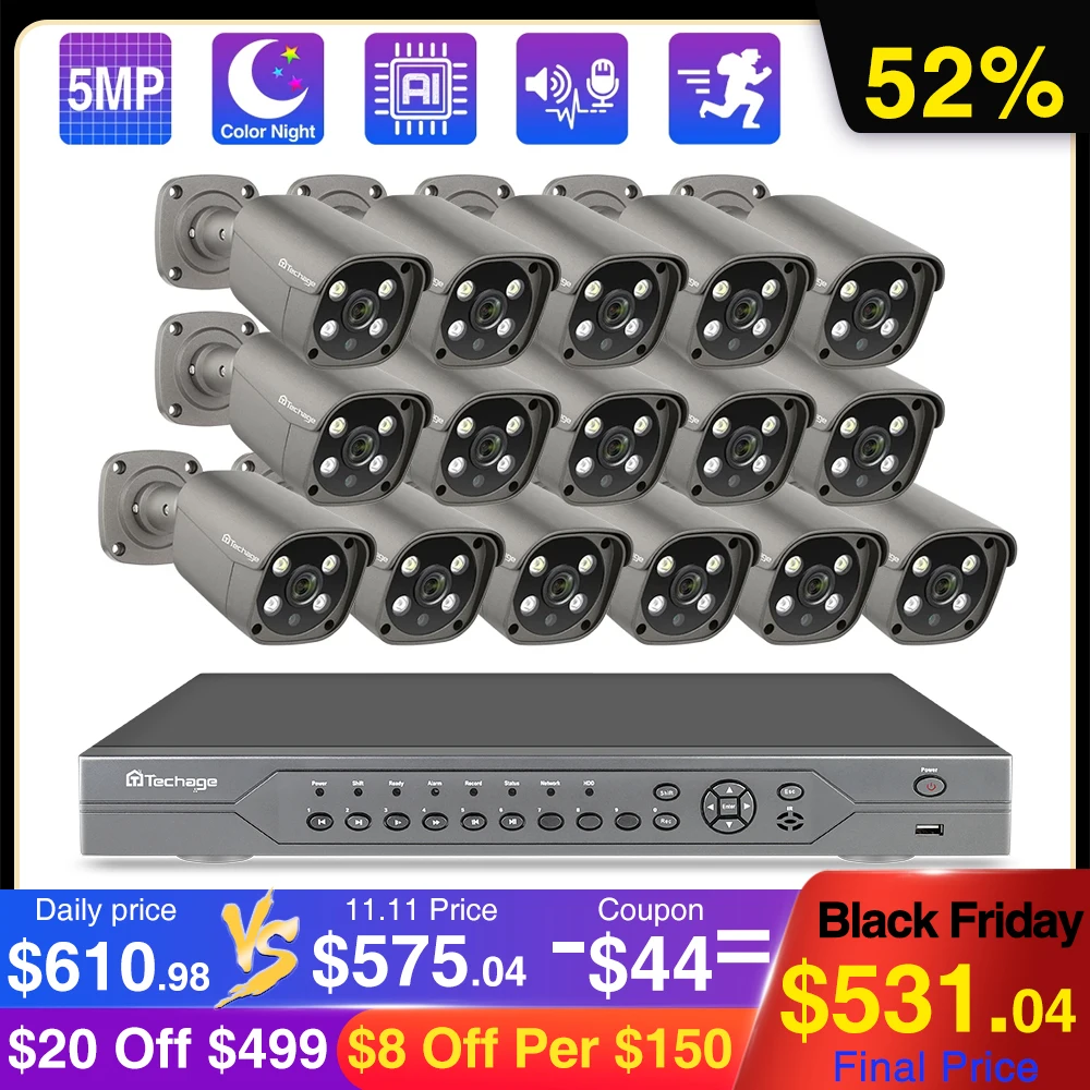 Techage POE NVR Security Camera System 16CH 5MP 48V AI POE IP Camera Two-Way Audio CCTV Vedio Outdoor Surveillance Camera Kit
Techage POE NVR Security Camera System 16CH 5MP 48V AI POE IP Camera Two-Way Audio CCTV Vedio Outdoor Surveillance Camera Kit