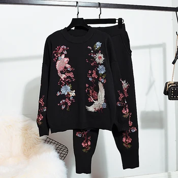 Tracksuit Sets Female 2pc Embroidery Flowers Knitted Pullover Sweater Pencil Pants Two Piece Set Women Loose Black Knitting Suit
Tracksuit Sets Female 2pc Embroidery Flowers Knitted Pullover Sweater Pencil Pants Two Piece Set Women Loose Black Knitting Suit
