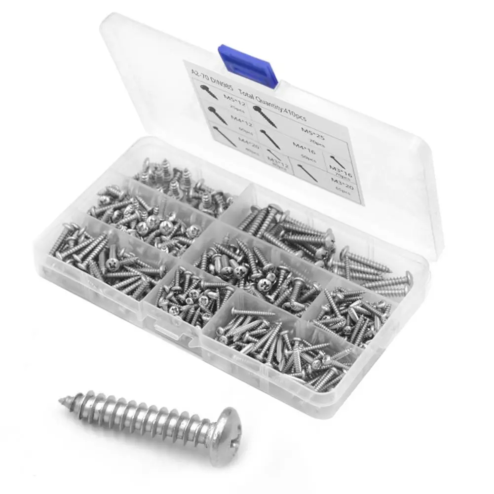 410pcs M3/M4/M5 Mixed Round Head Micro Screws Self-tapping Screw Assortment Kit with Box 178x98x23mm Woodworking Accessories
410pcs M3/M4/M5 Mixed Round Head Micro Screws Self-tapping Screw Assortment Kit with Box 178x98x23mm Woodworking Accessories