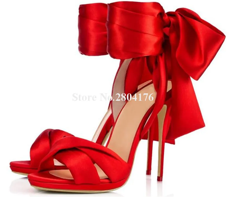 

Charming Ankle Back Big Bowtie Stiletto Heel Sandals Red Black Satin Butterfly-Knot High Heels Beautiful Wedding Dress Shoes