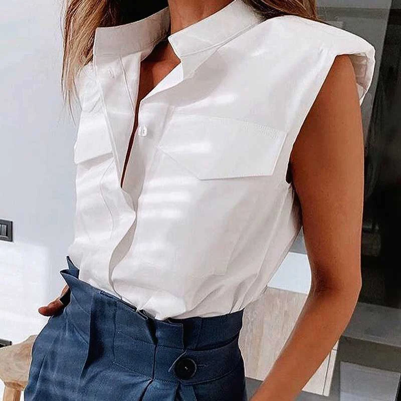Rowling Sleeveless White padded blouses shirts for Women Buttons Stand Collar pockets front summer tops 2020 new laides shirts
Rowling Sleeveless White padded blouses shirts for Women Buttons Stand Collar pockets front summer tops 2020 new laides shirts