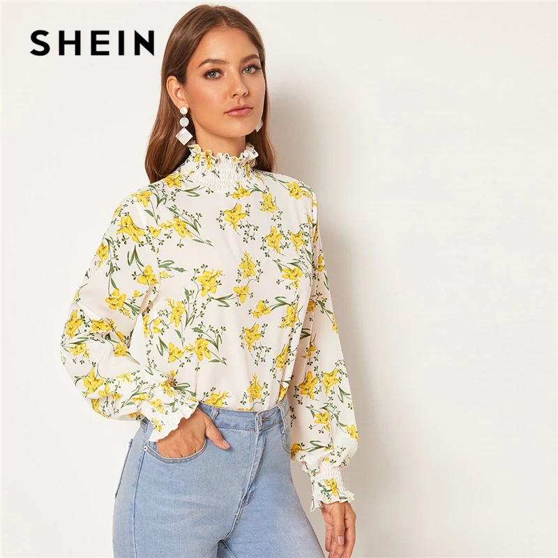 

SHEIN White Floral Shirred Frill Neck Keyhole Back Blouse Top Women Spring Autumn Long Bishop Sleeve Casual Abaya Blouses