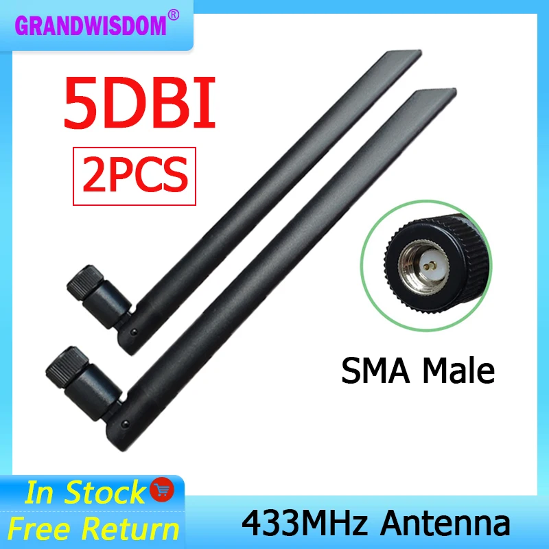 GRANDWISDOM 2pcs 433mhz antenna 5dbi sma male lora antene pbx iot module lorawan signal receiver antena high gain | Мобильные