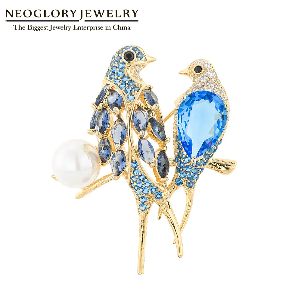 Фото Neoglory сказочная сине-белая брошь с 2 птицами в виде животных для женщин фианитами и