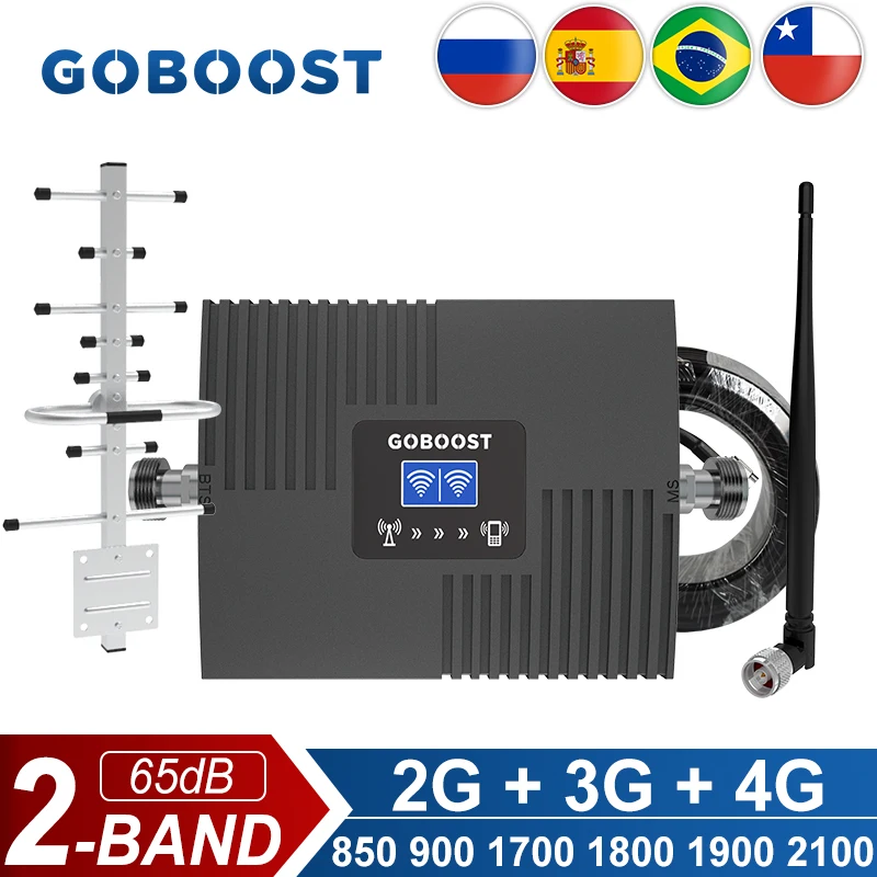 GOBOOST 2 Band Signal Booster 65dB Gain Cellular Amplifier 2G+3G+4G Network Repeater 850 900 1700 1800 1900 2100MHz Antenna Kit | Мобильные