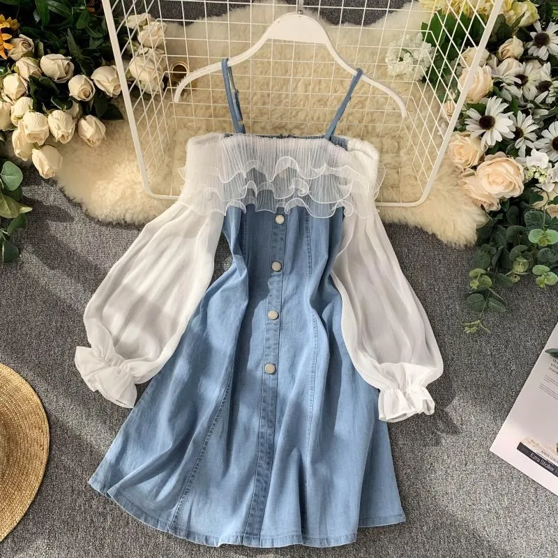 Korean Style Mesh See Though Long Sleeve A Line Blue Dress Off Shouder Mesh Patchwork Denim Dress
Korean Style Mesh See Though Long Sleeve A Line Blue Dress Off Shouder Mesh Patchwork Denim Dress