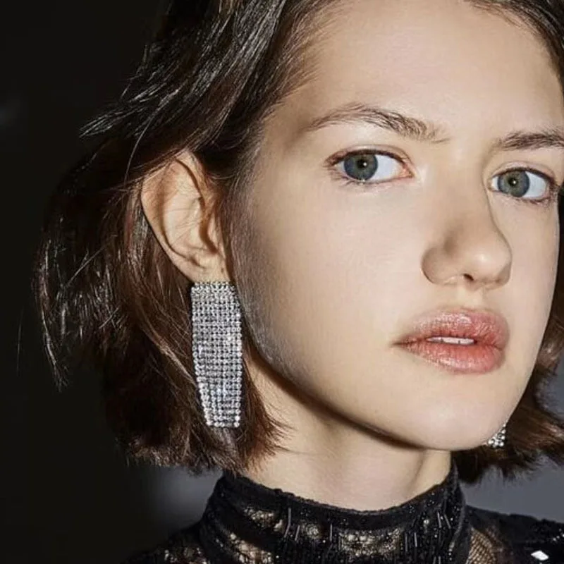 European and American Personality Square Rhinestone Super Flash Tassel Earrings Retro Cold Wind | Украшения и аксессуары