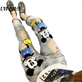 

LYFZOUS Women Embroidery Mickey Patches Ripped Holes Jeans Streetwear Loose Denim Pants Female Plus Size Jeans Harem Pants