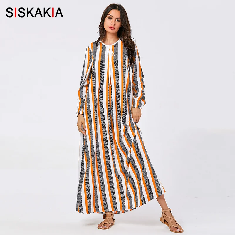 

Siskakia Colorful Stripe Long Dress Plus Size Casual Round Neck Long Sleeve Maxi Dresses Arabian Muslim Women Wears Autumn 2019