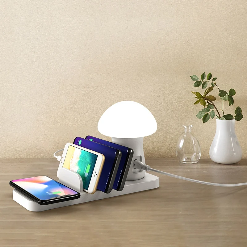 Multiple USB Phone Charger Mushroom Night Lamp Wireless Charging Station EU Plug for Mobile Phones | Электроника