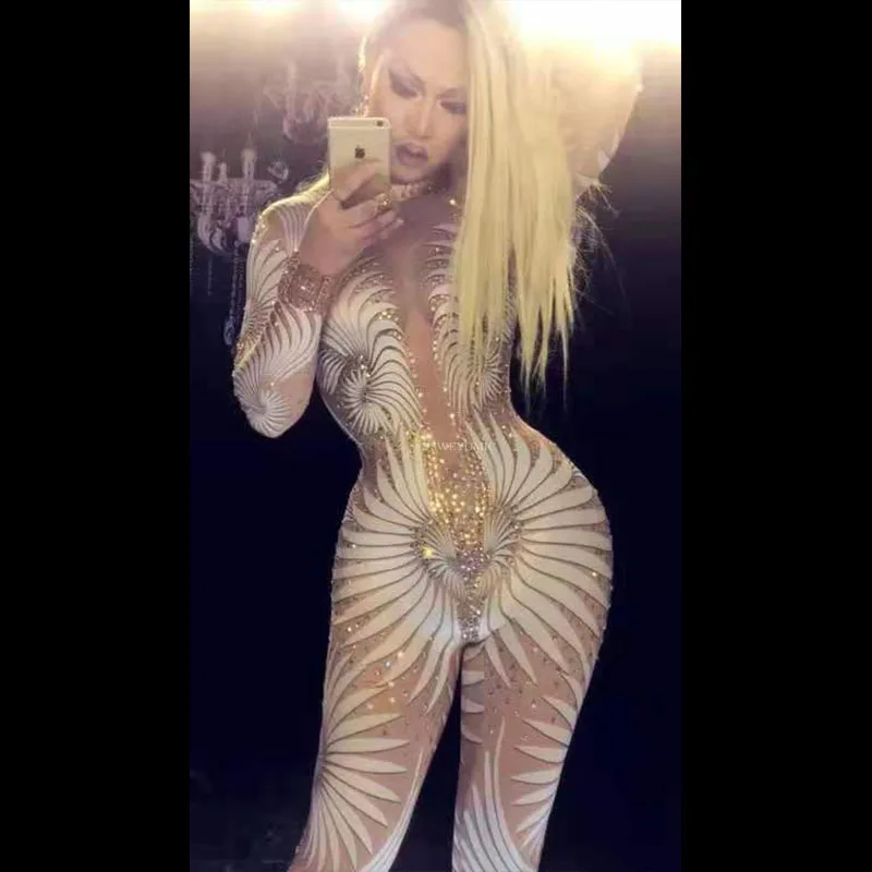 3D White Rhinestones Long Sleeve Jumpsuit Birthday Celebrate Prom Nude Stretch Outfit Women Singer Dancer Costume
3D White Rhinestones Long Sleeve Jumpsuit Birthday Celebrate Prom Nude Stretch Outfit Women Singer Dancer Costume