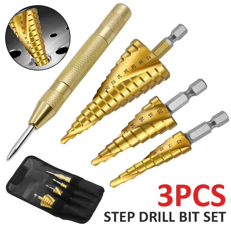 4PCS High Speed Steel Titanium Step Drill Bit Set With Automatic Center Punch For Garden Tools Accessories
4PCS High Speed Steel Titanium Step Drill Bit Set With Automatic Center Punch For Garden Tools Accessories