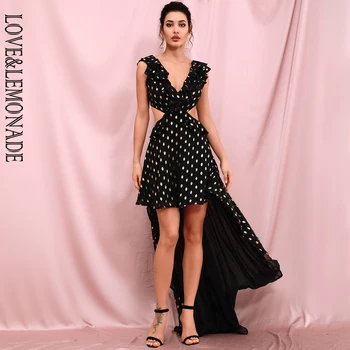 LOVE & LEMONADE Sexy Black Deep V-Neck Open Back Ruffled Cut Out Golden Dot Chiffon Dress LM82368
LOVE & LEMONADE Sexy Black Deep V-Neck Open Back Ruffled Cut Out Golden Dot Chiffon Dress LM82368