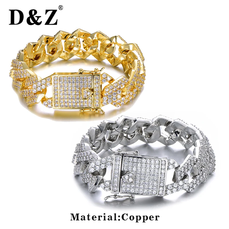 Фото D&ampZ 18mm Iced Out Bling Zircon Miami Curb Cuban Link Chain Bracelet For Men Hip Hop Jewelry High Quality | Украшения и