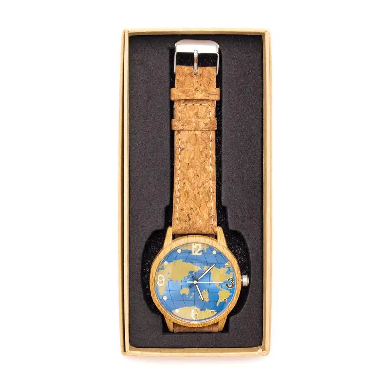 Natural cork strap with world map wood color stainless steel watch WA-118
Natural cork strap with world map wood color stainless steel watch WA-118