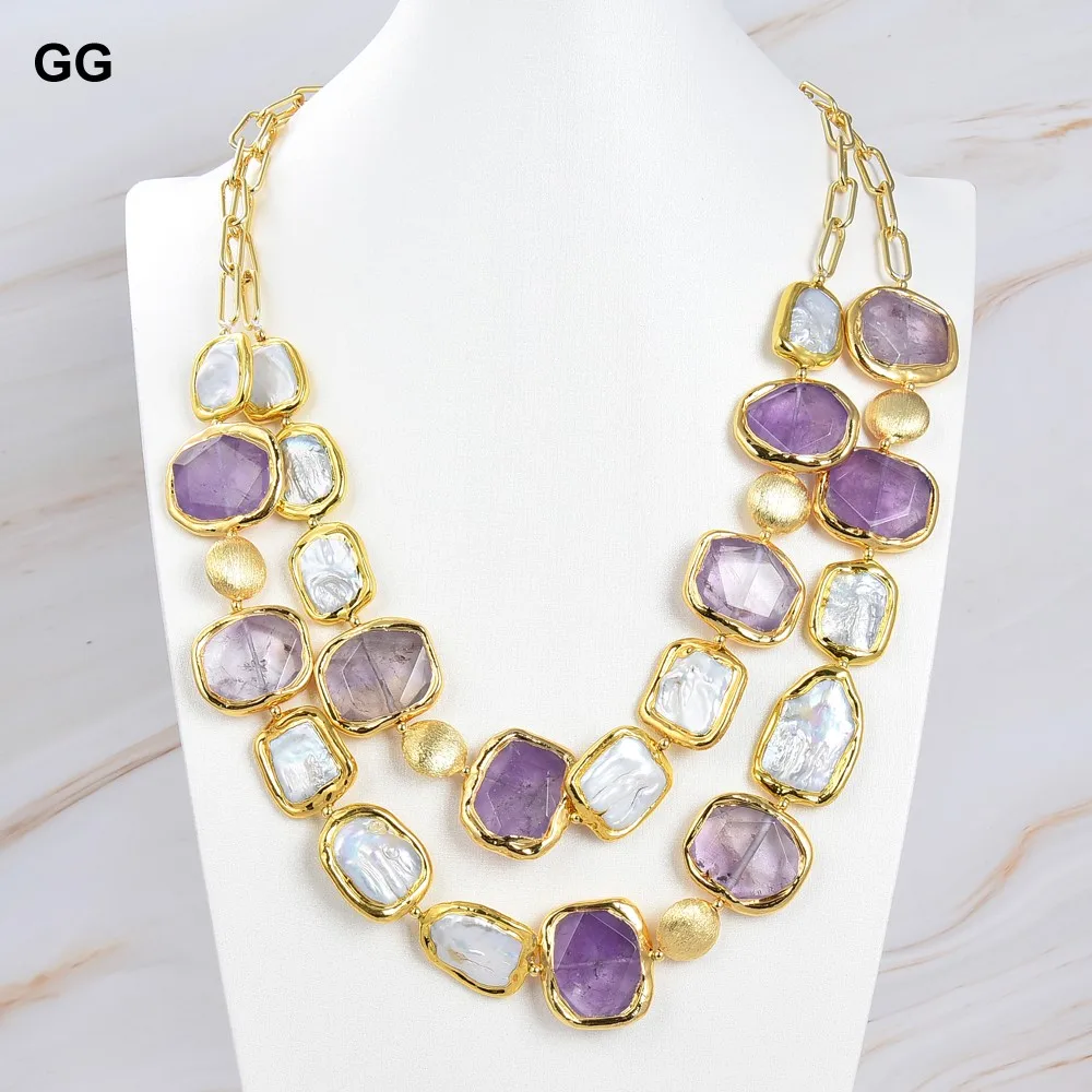 GG Jewelry 2Strands Natural Cultured White Keshi Pearl Amethysts Faceted Chunk Gold Color Plated Edge Chain Statement Necklace
GG Jewelry 2Strands Natural Cultured White Keshi Pearl Amethysts Faceted Chunk Gold Color Plated Edge Chain Statement Necklace