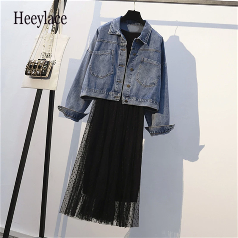 Mesh Dress Jeans Jacket Women Suit Spring Autumn New Plus size Sexy Black Sleeveless Dress Basic Denim Jacket Women Set 2pcs 5XL
Mesh Dress Jeans Jacket Women Suit Spring Autumn New Plus size Sexy Black Sleeveless Dress Basic Denim Jacket Women Set 2pcs 5XL
