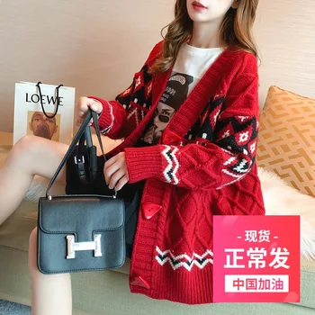 Red Sweater Cardigan Women's Loose-Fit Laziness Spring Clothing 2020 New Korean-style Diamond-shaped Network Knitted Coat 
Red Sweater Cardigan Women's Loose-Fit Laziness Spring Clothing 2020 New Korean-style Diamond-shaped Network Knitted Coat