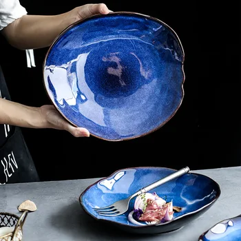 Retro Ceramic Food Dishes Nordic Ocean Blue Kiln Glaze Western Steak Salad Plate Kitchen Household Irregular Decor Dinnerware 
Retro Ceramic Food Dishes Nordic Ocean Blue Kiln Glaze Western Steak Salad Plate Kitchen Household Irregular Decor Dinnerware