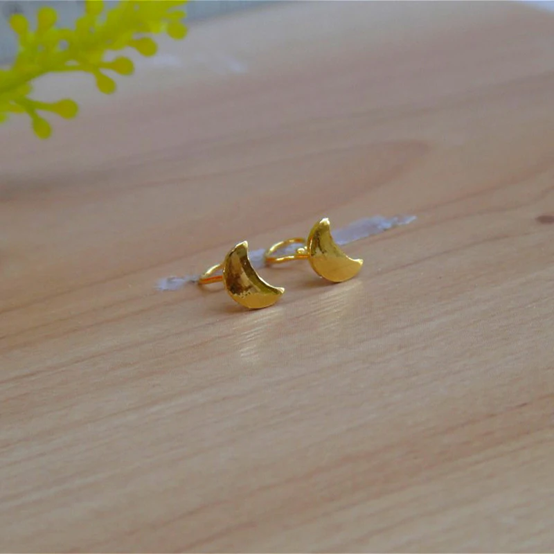 

Real 24K Yellow Gold Women Luck Smooth Moon Stud Earrings 0.68g