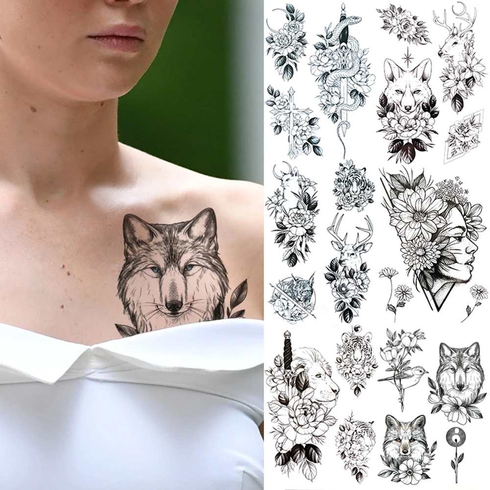 

Black Wolf Bird Temporary Tattoos For Women Lady Realistic Snake Tatoo Sword Lion Tiger Flower Fake Tattoo Stickers DIY Washable