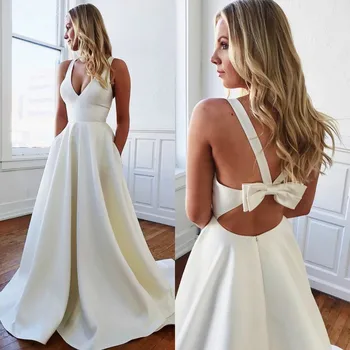 Pure White Satin A Line Wedding Dresses Backless With Bow Bridal Gowns Deep V Neck Sleeveless Summer Cheap Dress
Pure White Satin A Line Wedding Dresses Backless With Bow Bridal Gowns Deep V Neck Sleeveless Summer Cheap Dress