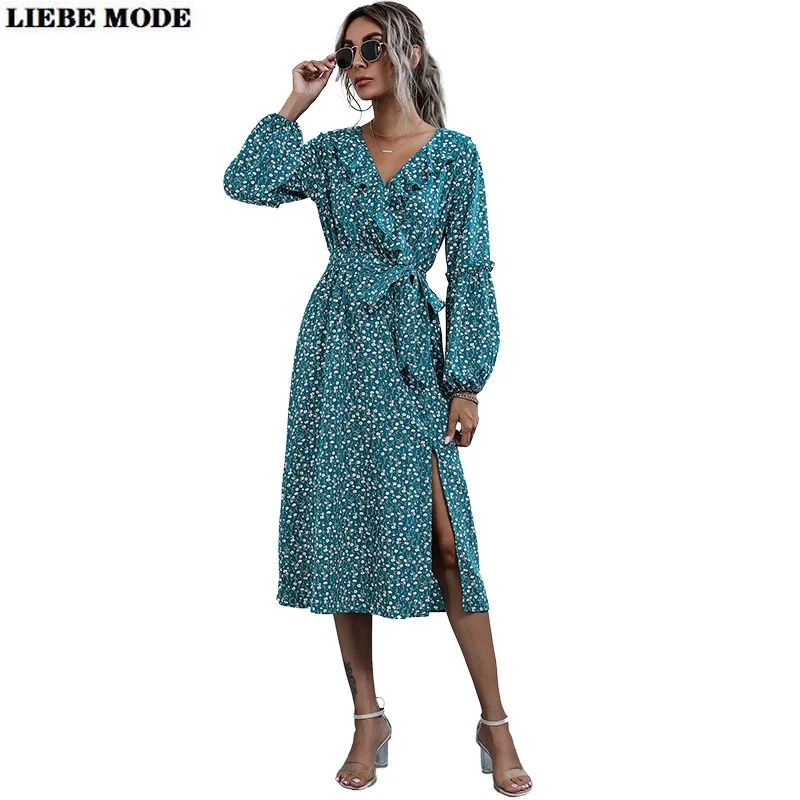 Women Casual Spring V-neck A-line Split Dress Female Floral Printed Chiffon Shirt Dress Long Sleeve Ruffle Midi Vestidos Femme
Women Casual Spring V-neck A-line Split Dress Female Floral Printed Chiffon Shirt Dress Long Sleeve Ruffle Midi Vestidos Femme
