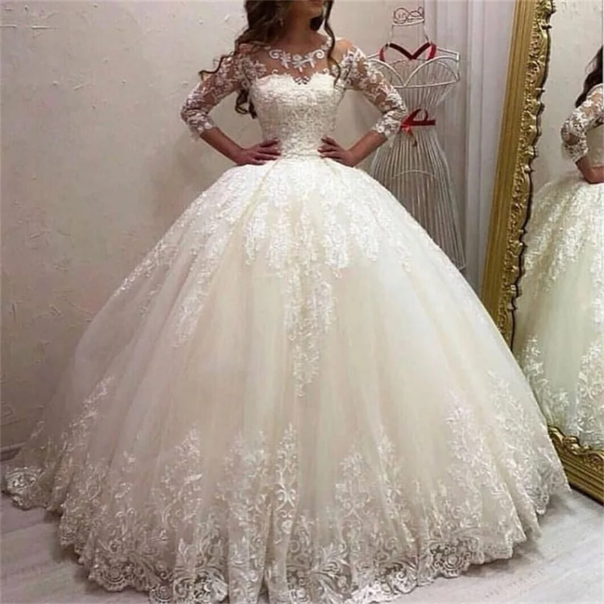 

Princesse Ball Gown Wedding Dresses 2020 Scoop Tulle and with Appliques Bridal Gowns Robe De Mariee Sweep Train Vestido De Noiva