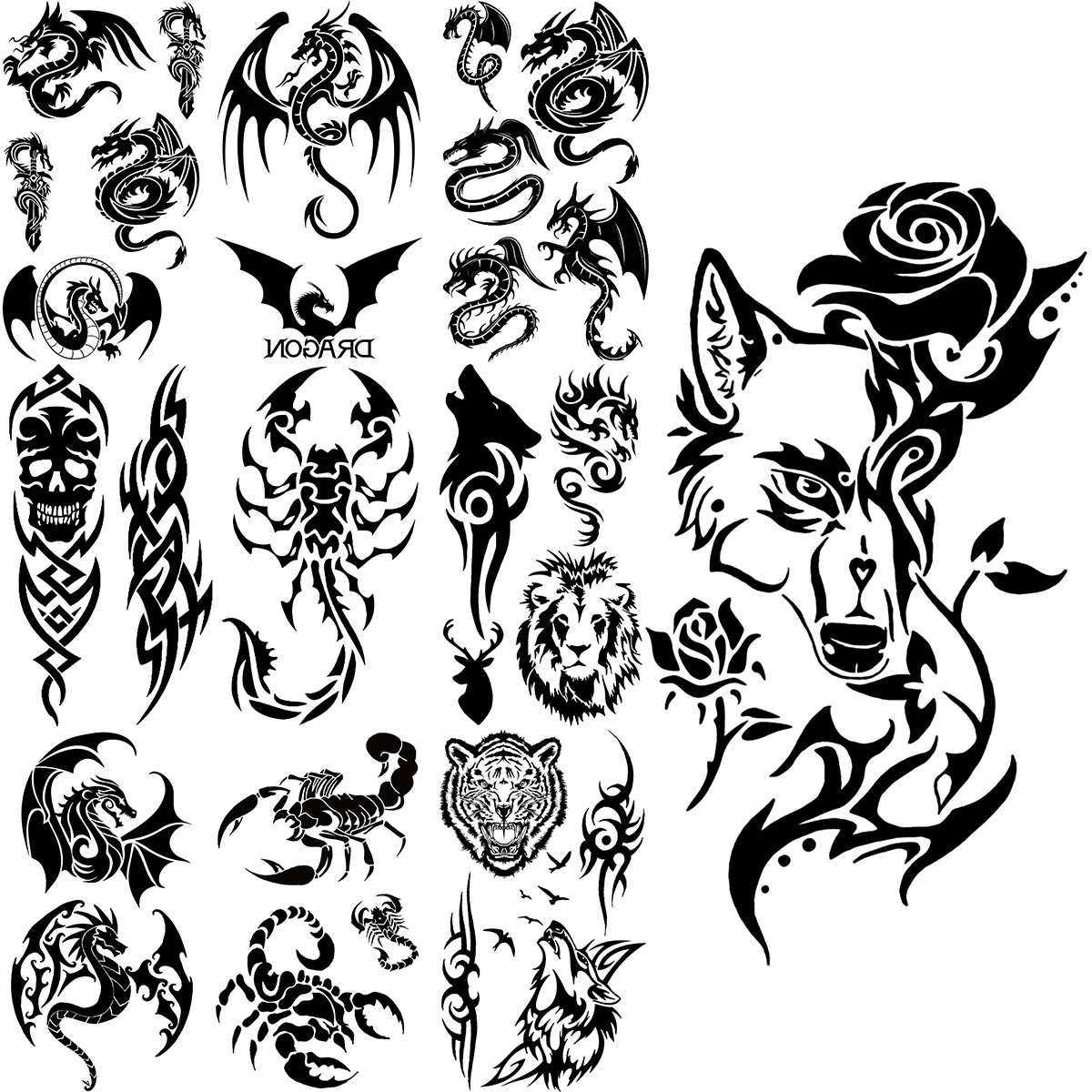

Black Wolf Rose Temporary Tattoos For Women Men Realistic Dragon Totem Scorpion Lion Tiger Fake Tattoo Sticker Back Body Tatoos