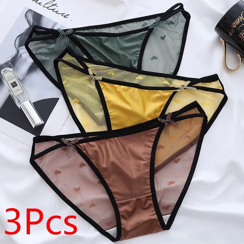 

3Pcs Women's Sexy Lace Underwear Panties Delicate Soft Comfortable Panties Mesh Lace-up Bow Knot Low-rise Panties Briefs