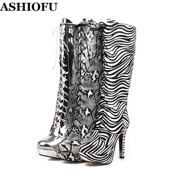 

ASHIOFU New Handmade Ladies Boots Faxu-leather Sexy Party Prom Mid-calf Boots Shoelace Fashion Evening Club Winter Boots Shoes